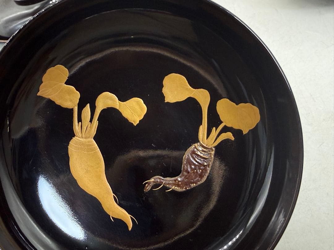 時代　輪島塗　黒蒔絵　大根模様吸い物椀9点　木製　共箱260204
