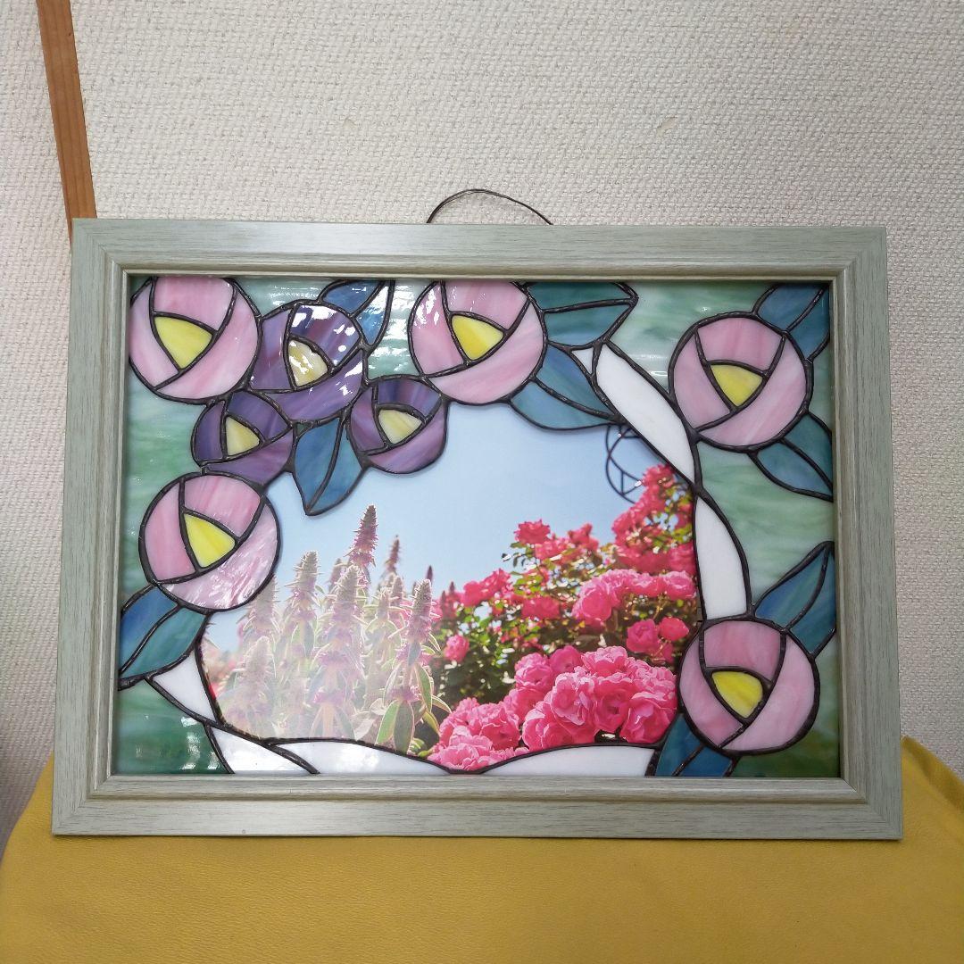 ステンドグラスパネル 薔薇 ウエルカムボード 　写真入れ　フォトフレーム