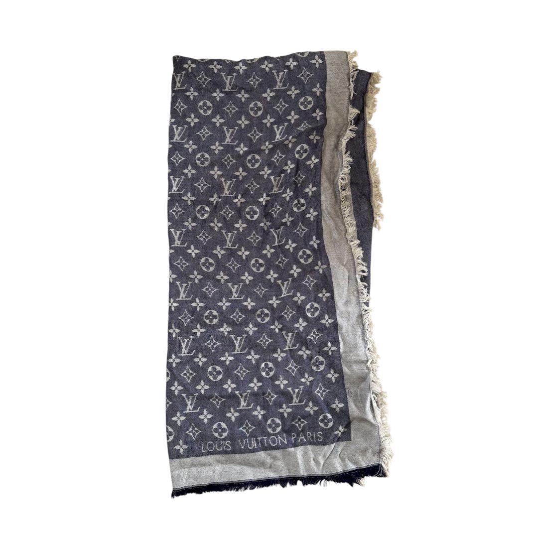 引っ越し価格最終値下げ　ルイヴィトン ショール・モノグラムデニム ブルー シルク