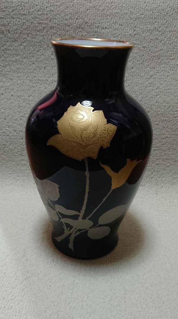 希少 大倉陶園 瑠璃 金蝕バラ 特注 花瓶 花器 金彩 銀彩