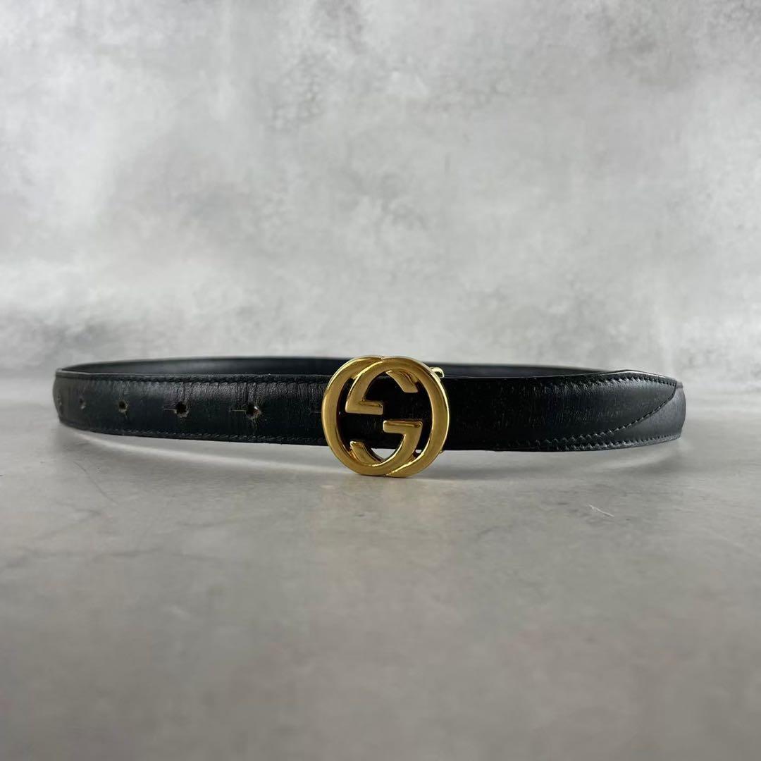 【良品】GUCCI ベルト インターロッキング GG デカロゴ ゴールド 黒