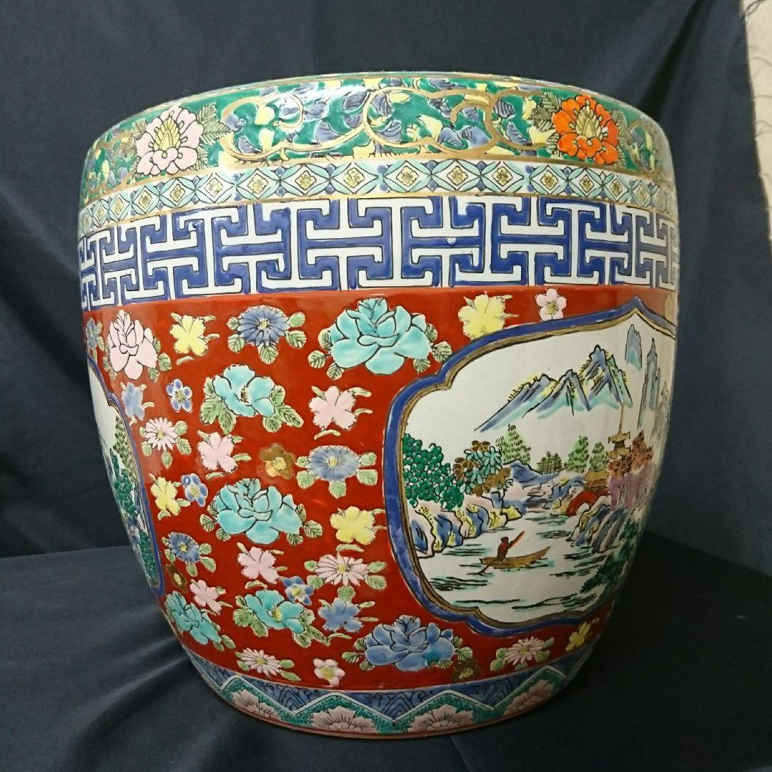 十錦手火鉢 染付 色絵 金彩 観葉植物などの鉢カバー、ガラス板を乗せテーブル