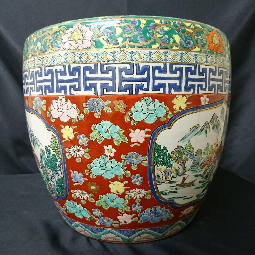 十錦手火鉢 染付 色絵 金彩 観葉植物などの鉢カバー、ガラス板を乗せテーブル