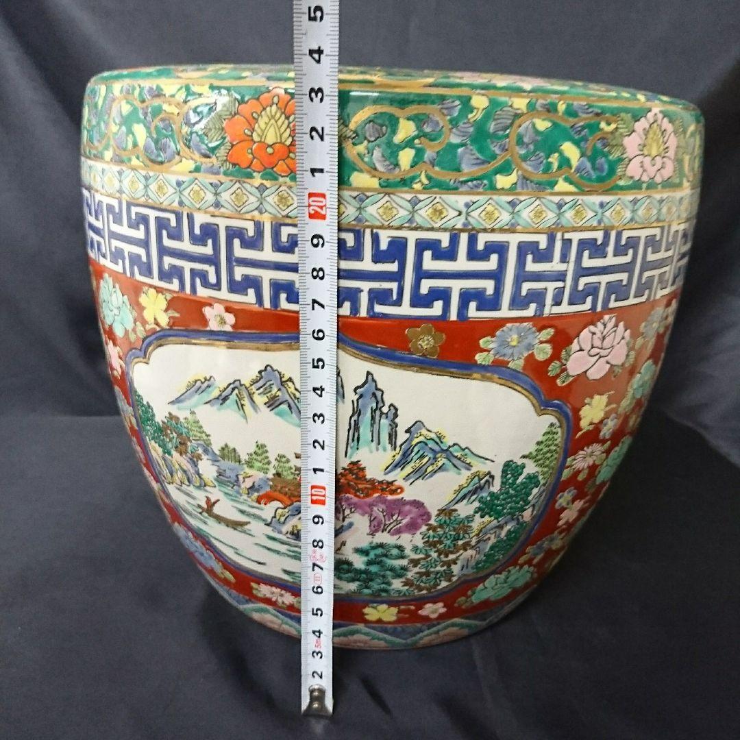 十錦手火鉢 染付 色絵 金彩 観葉植物などの鉢カバー、ガラス板を乗せテーブル