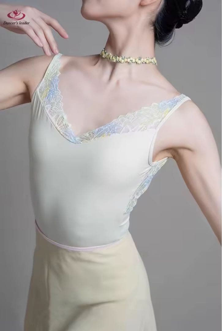 Dancer's leader レース付きバレエレオタード ライムイエロー XS