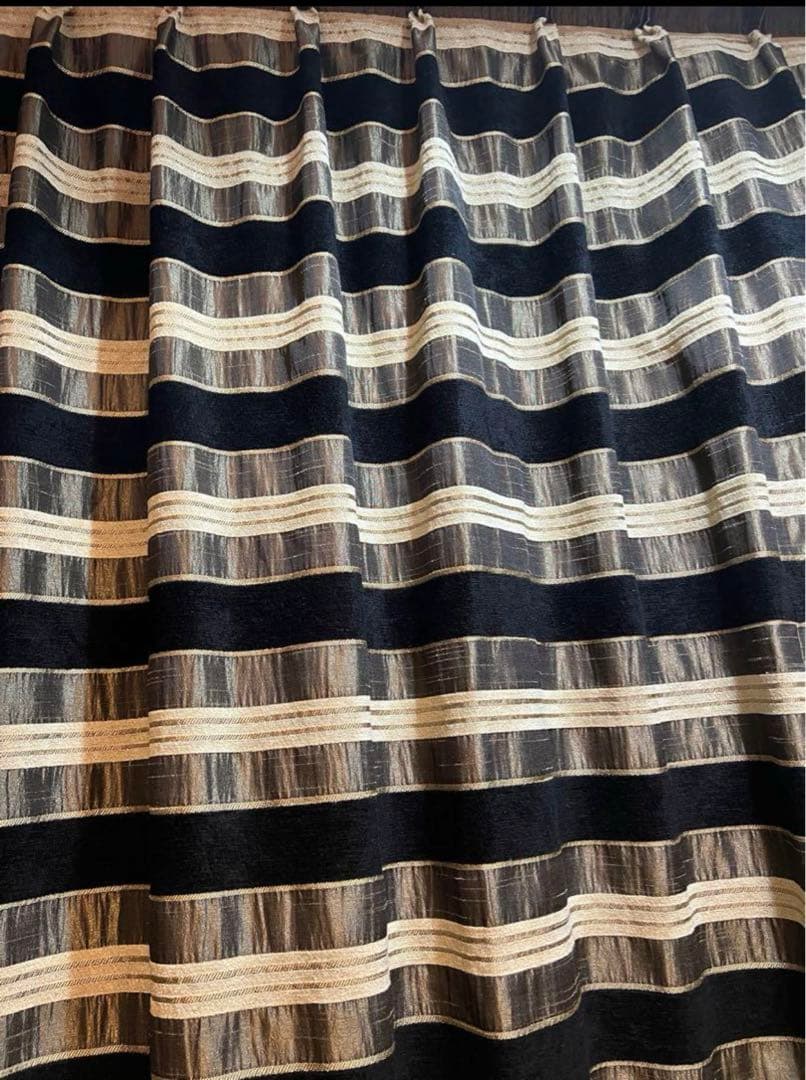 オーダーカーテン　イタリア製　厚手　高級　ボーダー　ゴールド　ブラウン　ブラック