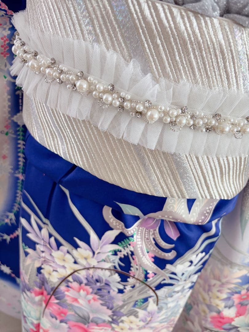 美品　豪華振袖フルセット　薔薇　ブルー　青色　パール帯締め付き　成人式