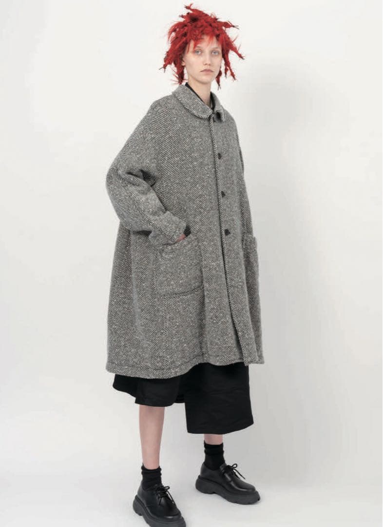 美品☆2024AW ブラックコムデギャルソン 丸襟ステンカラーツイードコート