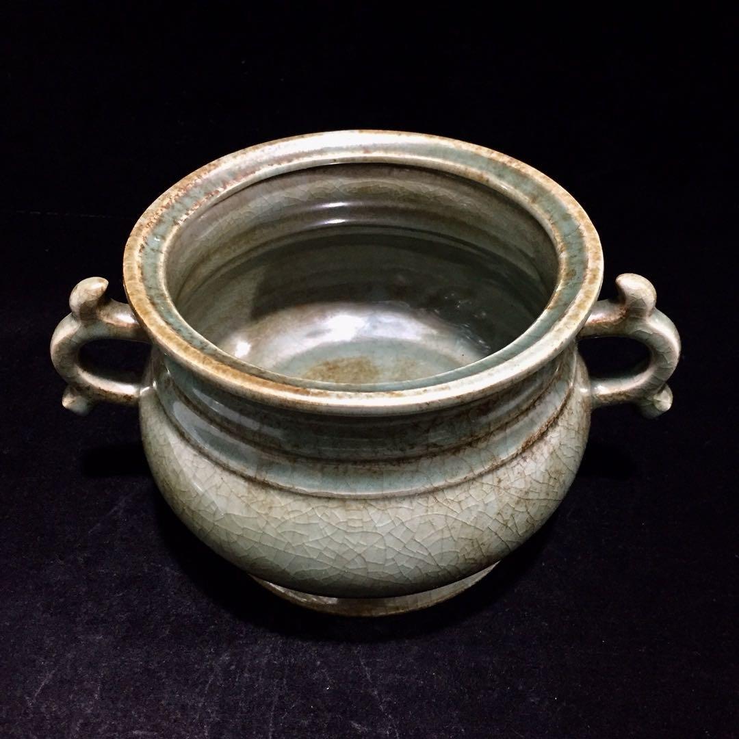 文房具　雙耳香爐 宋時代　汝窯 陶器　冰裂纹 貫入