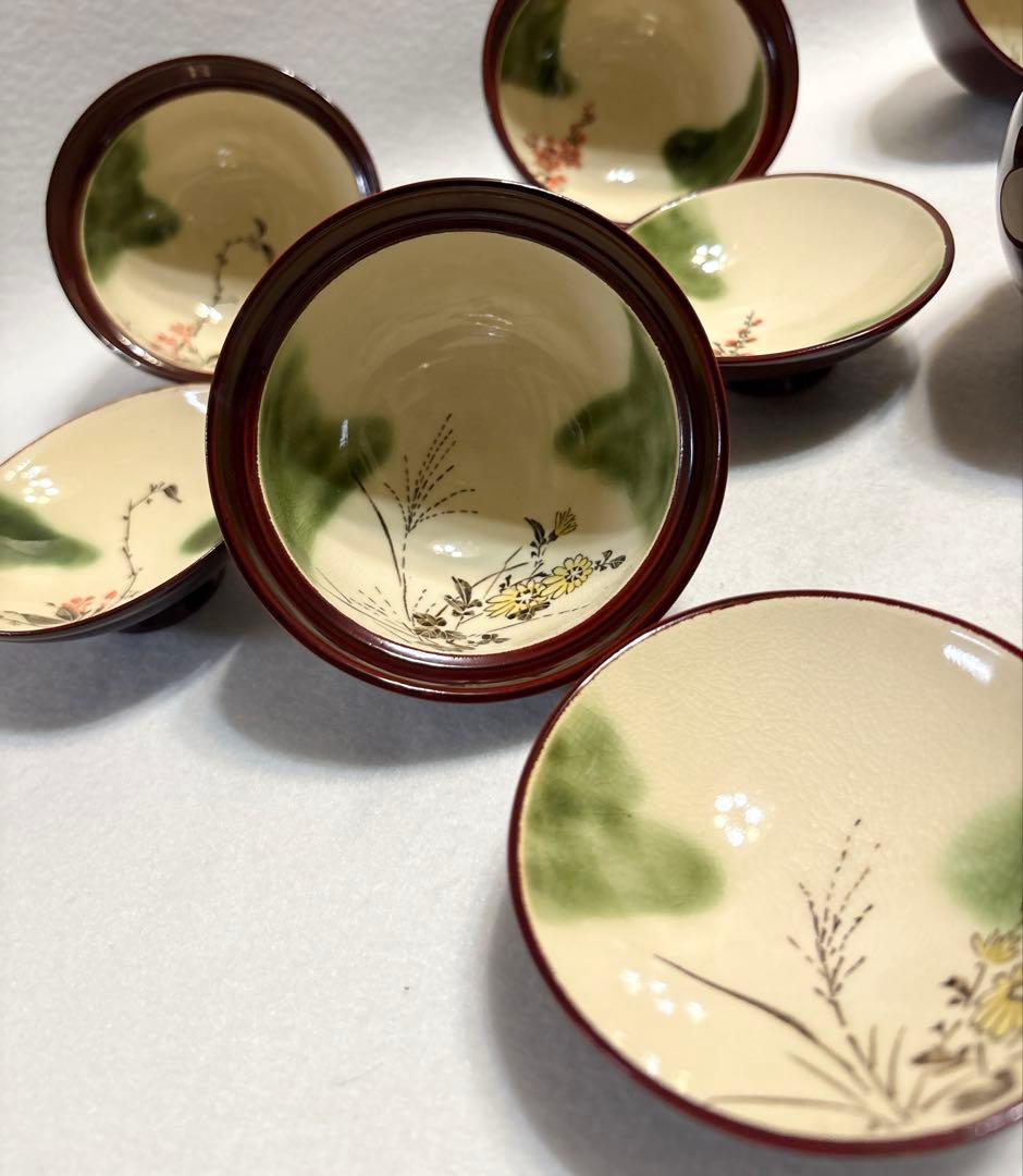 庫山窯 陶胎漆器 蓋付き煮物碗 五客 前畑陶器 和食器 懐石料理 絵変わり