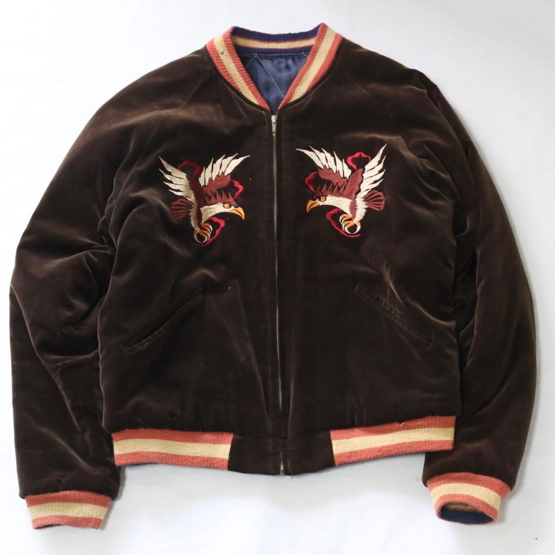 貴重 90s 東洋 別珍 茶 日本地図 龍 スカジャン 舞妓 M品番