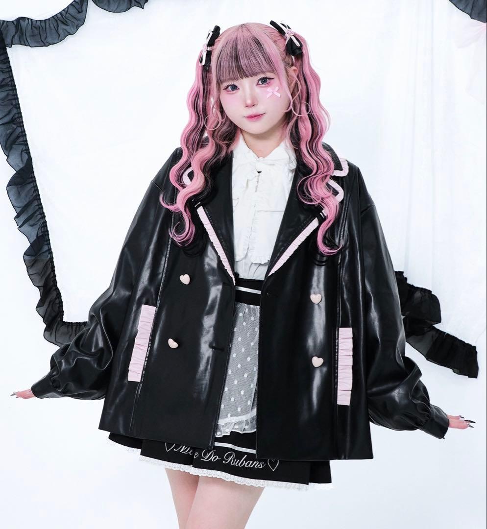 Magia Charm 配色フリル フェイクレザージャケット Ank Rouge