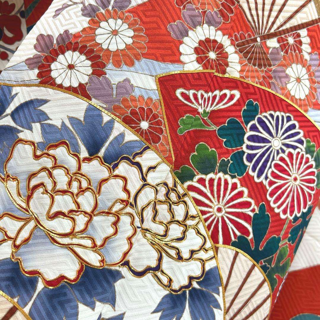 472 振袖フルセット 正絹 クリーム オフホワイト 赤 金彩 駒刺繍