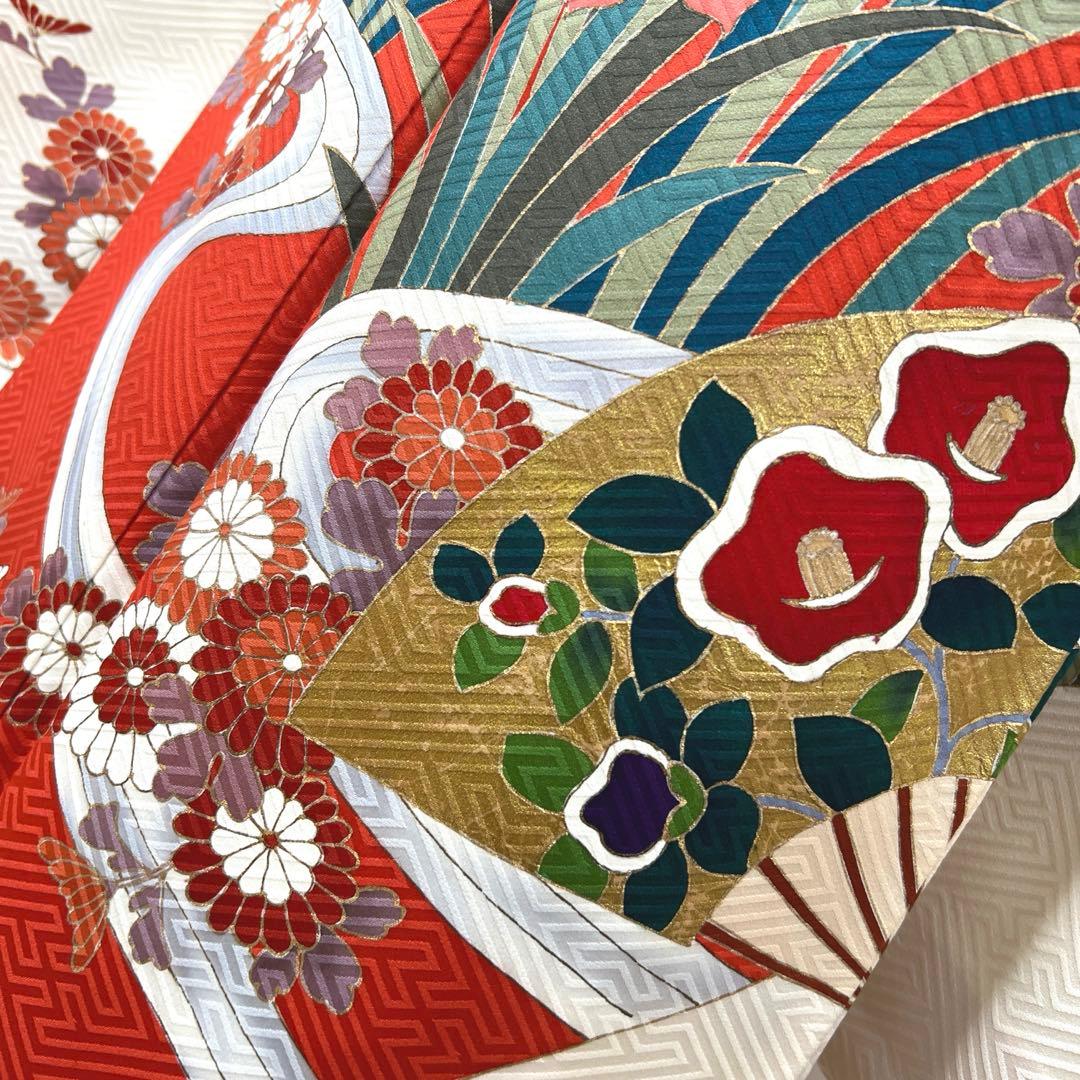 472 振袖フルセット 正絹 クリーム オフホワイト 赤 金彩 駒刺繍