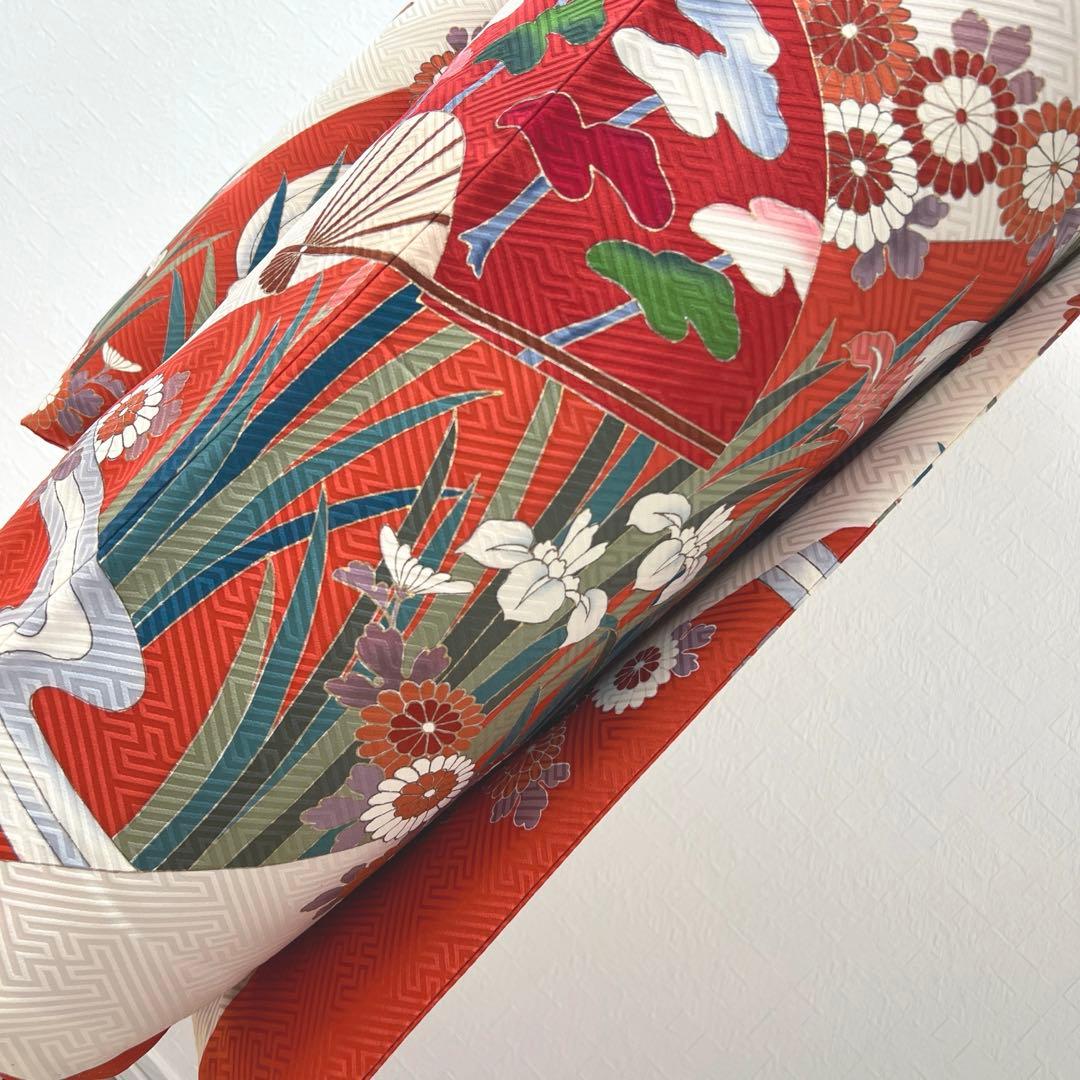 472 振袖フルセット 正絹 クリーム オフホワイト 赤 金彩 駒刺繍