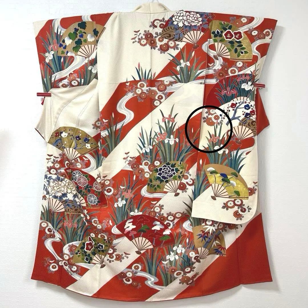 472 振袖フルセット 正絹 クリーム オフホワイト 赤 金彩 駒刺繍