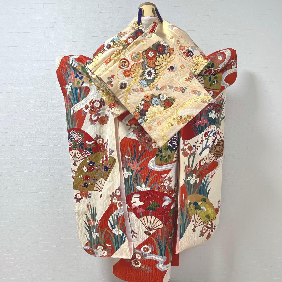 472 振袖フルセット 正絹 クリーム オフホワイト 赤 金彩 駒刺繍
