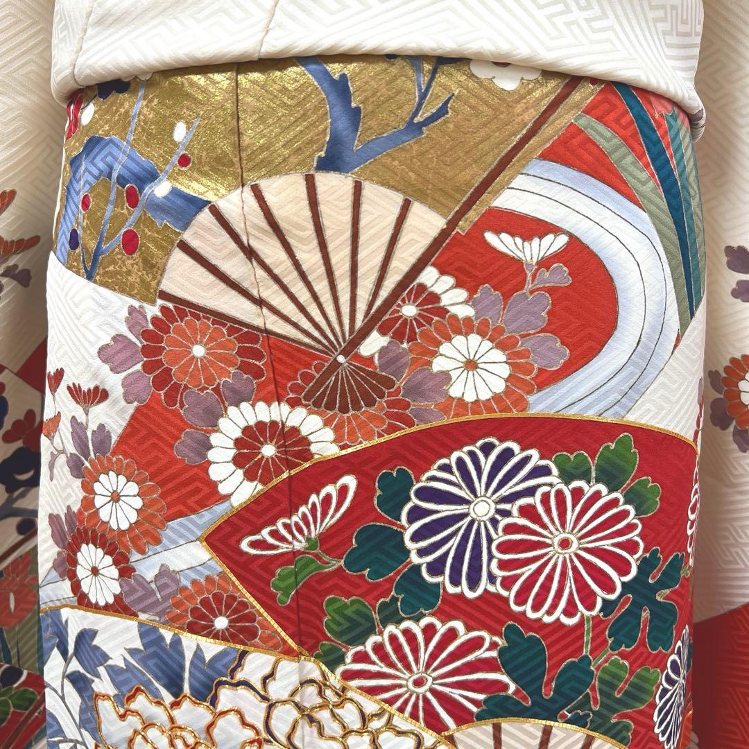 472 振袖フルセット 正絹 クリーム オフホワイト 赤 金彩 駒刺繍