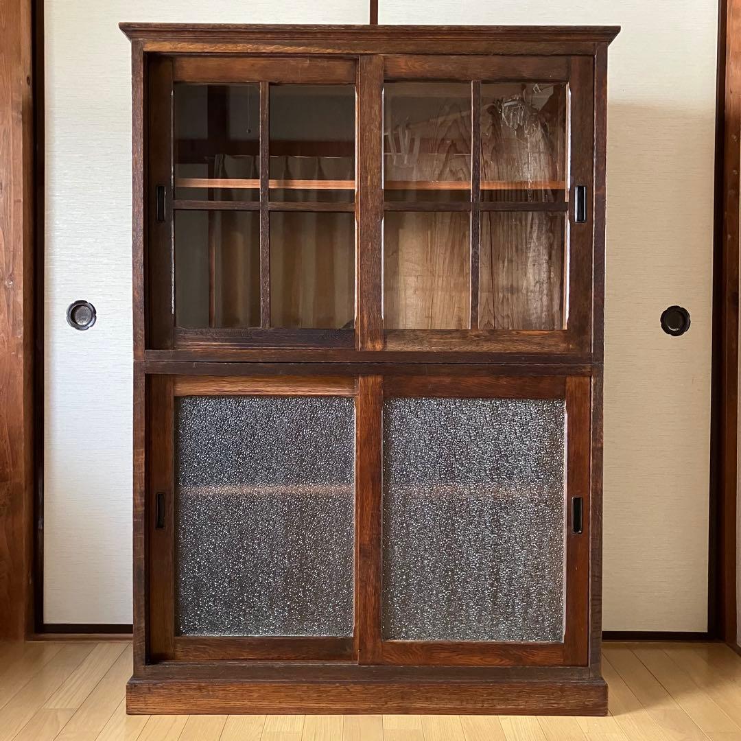 アンティーク　本箱　本棚　戸棚　食器棚　陳列棚　店舗　ニ重ね　無垢　引戸　レトロ