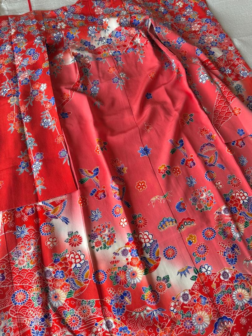 七五三に★逸品　正絹紅型小鳥と吉祥文　七歳着物、帯のセット
