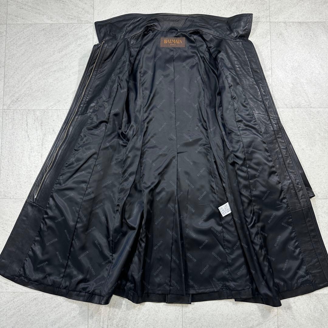 美品【BALMAIN】ラムレザー ロングコート スタンドカラー ブラック S