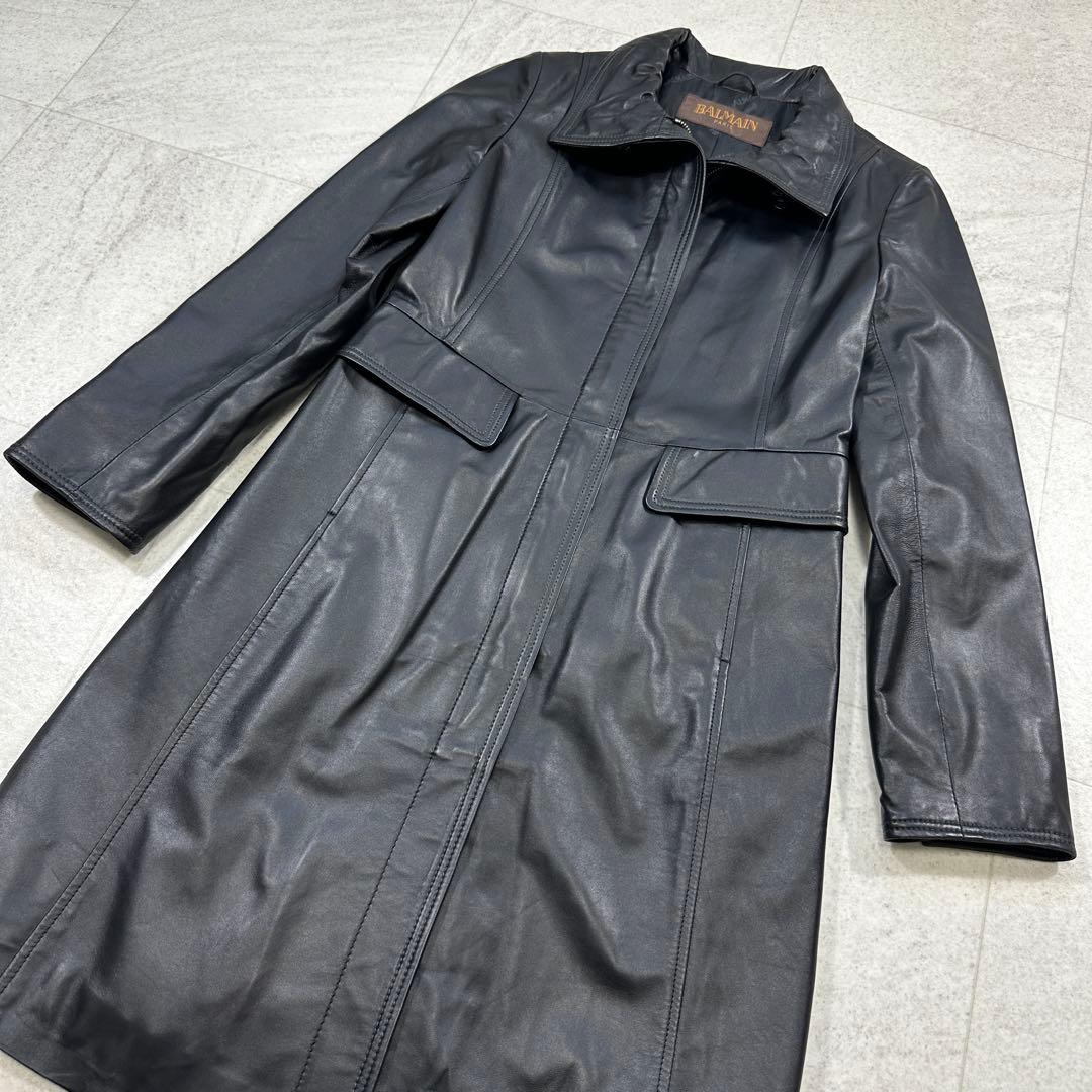 美品【BALMAIN】ラムレザー ロングコート スタンドカラー ブラック S
