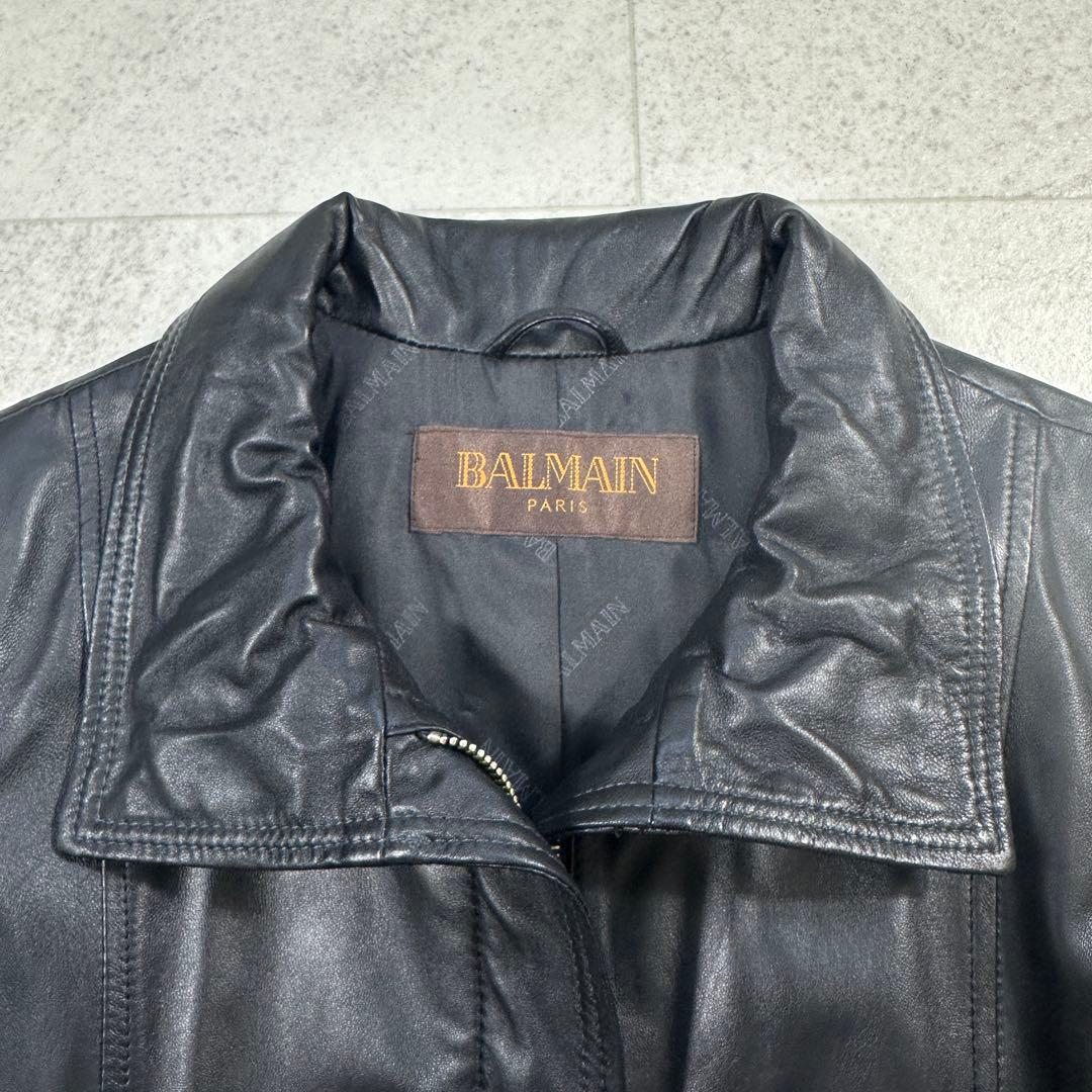美品【BALMAIN】ラムレザー ロングコート スタンドカラー ブラック S