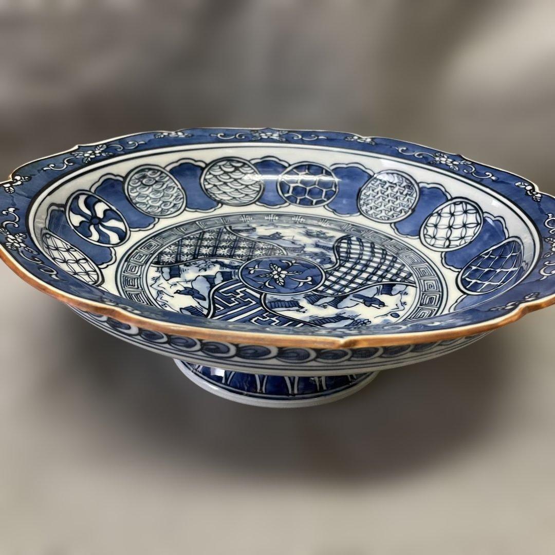 有田焼　染付　桔梗縁十寸鉢　平戸松山窯　30センチ　大皿　盛り鉢　台座付き　脚付