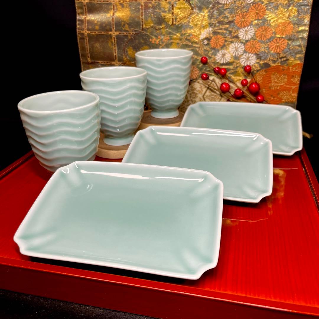 【mana】深川製磁 青磁 陽刻フリーカップ 長角小皿 セット 他おまとめ