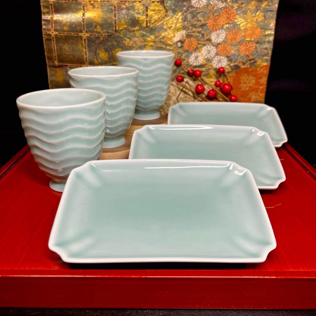【mana】深川製磁 青磁 陽刻フリーカップ 長角小皿 セット 他おまとめ