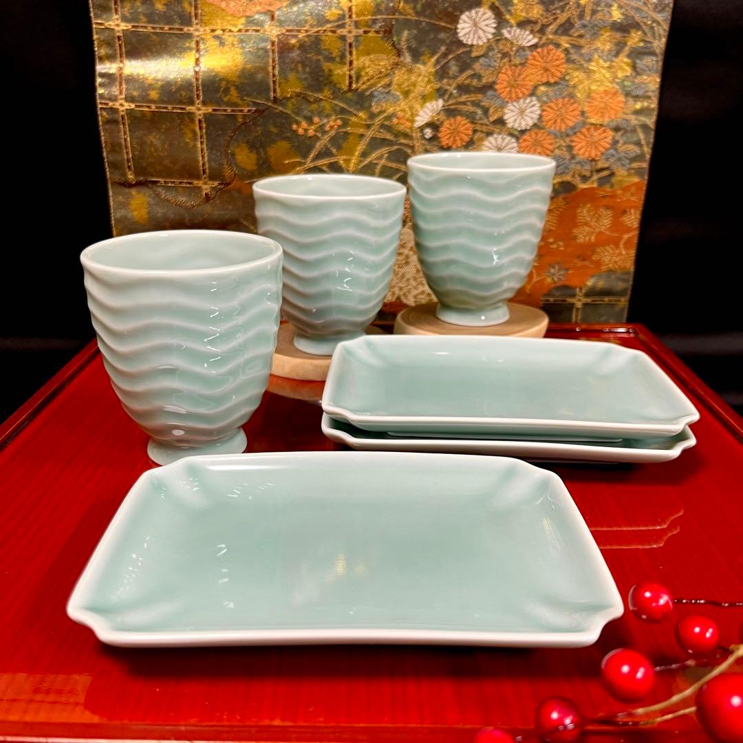 【mana】深川製磁 青磁 陽刻フリーカップ 長角小皿 セット 他おまとめ