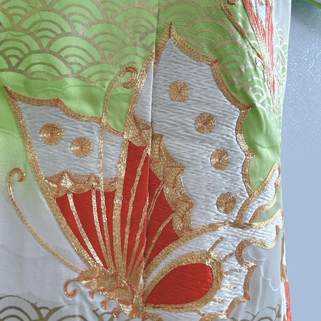 セット　七五三　7歳女の子　長着＆袋帯＆長襦袢＆小物　黄緑×白　比翼仕立　刺繍蝶