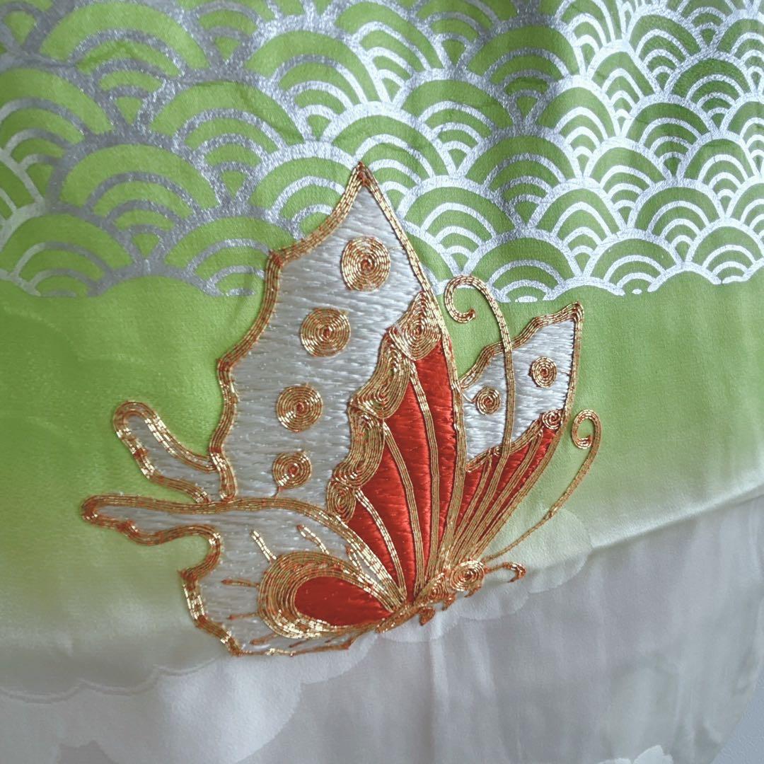 セット　七五三　7歳女の子　長着＆袋帯＆長襦袢＆小物　黄緑×白　比翼仕立　刺繍蝶