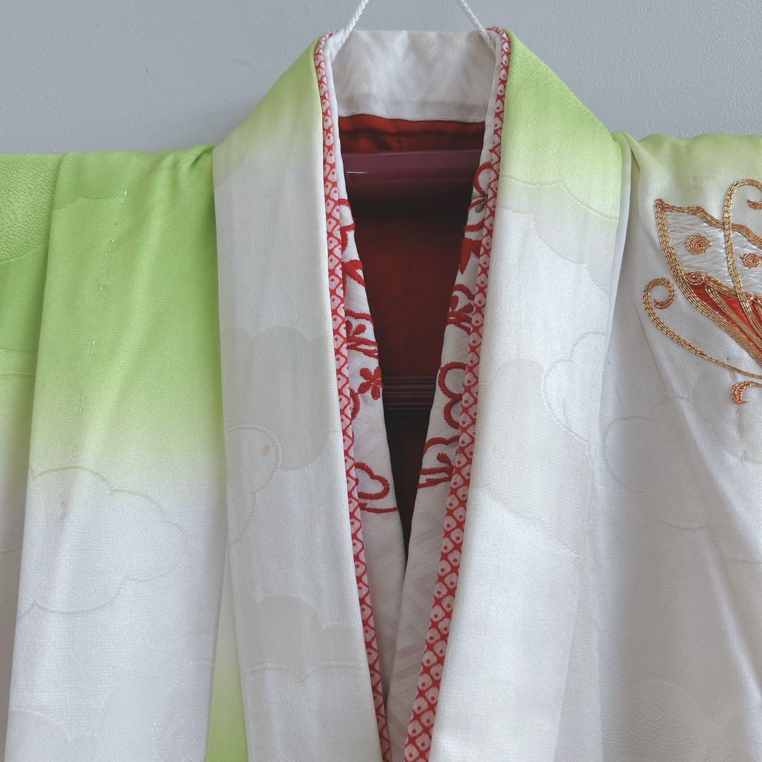 セット　七五三　7歳女の子　長着＆袋帯＆長襦袢＆小物　黄緑×白　比翼仕立　刺繍蝶
