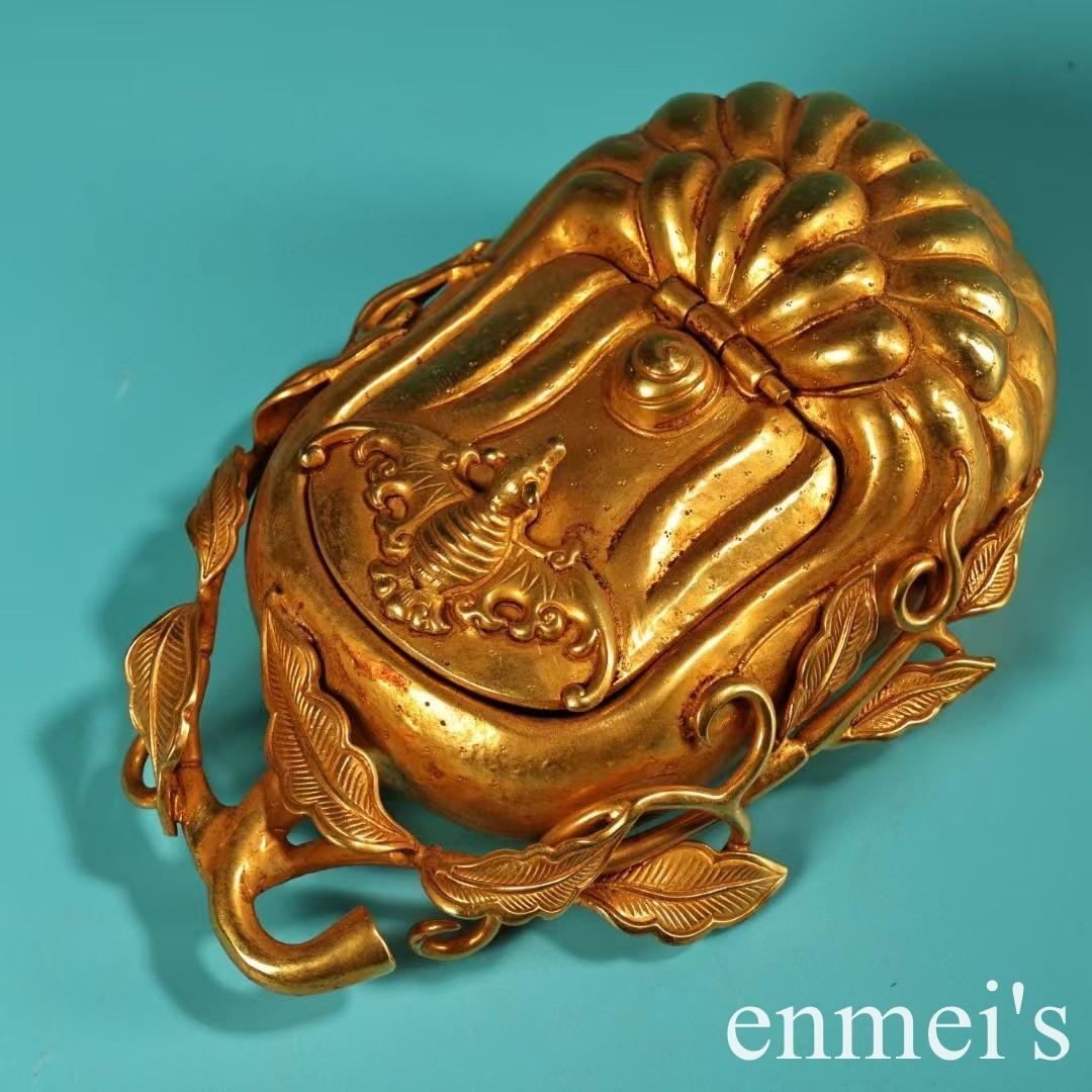中国古美術・旧蔵鎏金の福瓜型筆洗水洗・純手作り・純銅製・置物・文房具・案頭