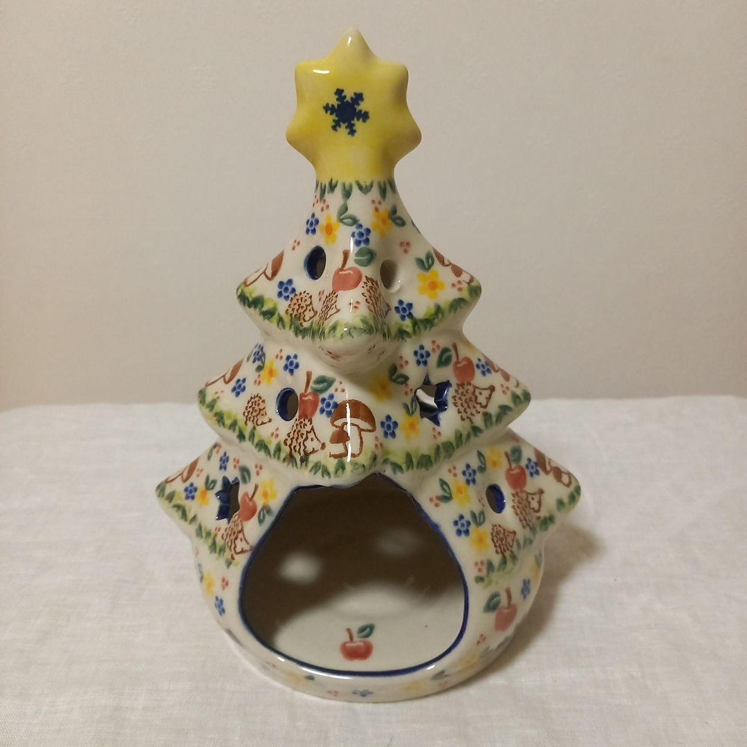 ポーリッシュポタリー　クリスマス　ツリー　キャンドルホルダー　りんごハリネズミ