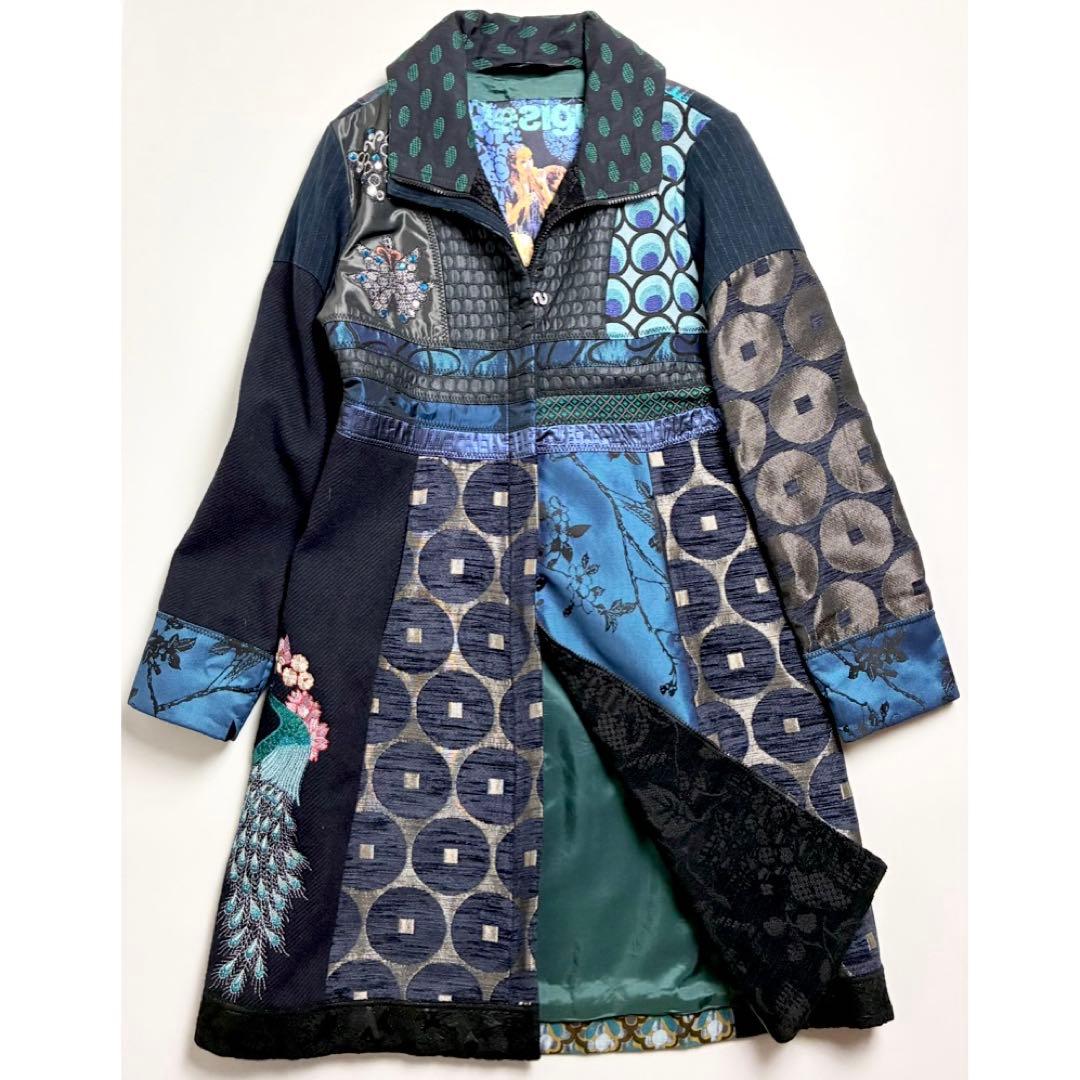 【美品】デシグアル/総柄ロングコート/刺繍/ジャガード/異素材切替/パッチワーク