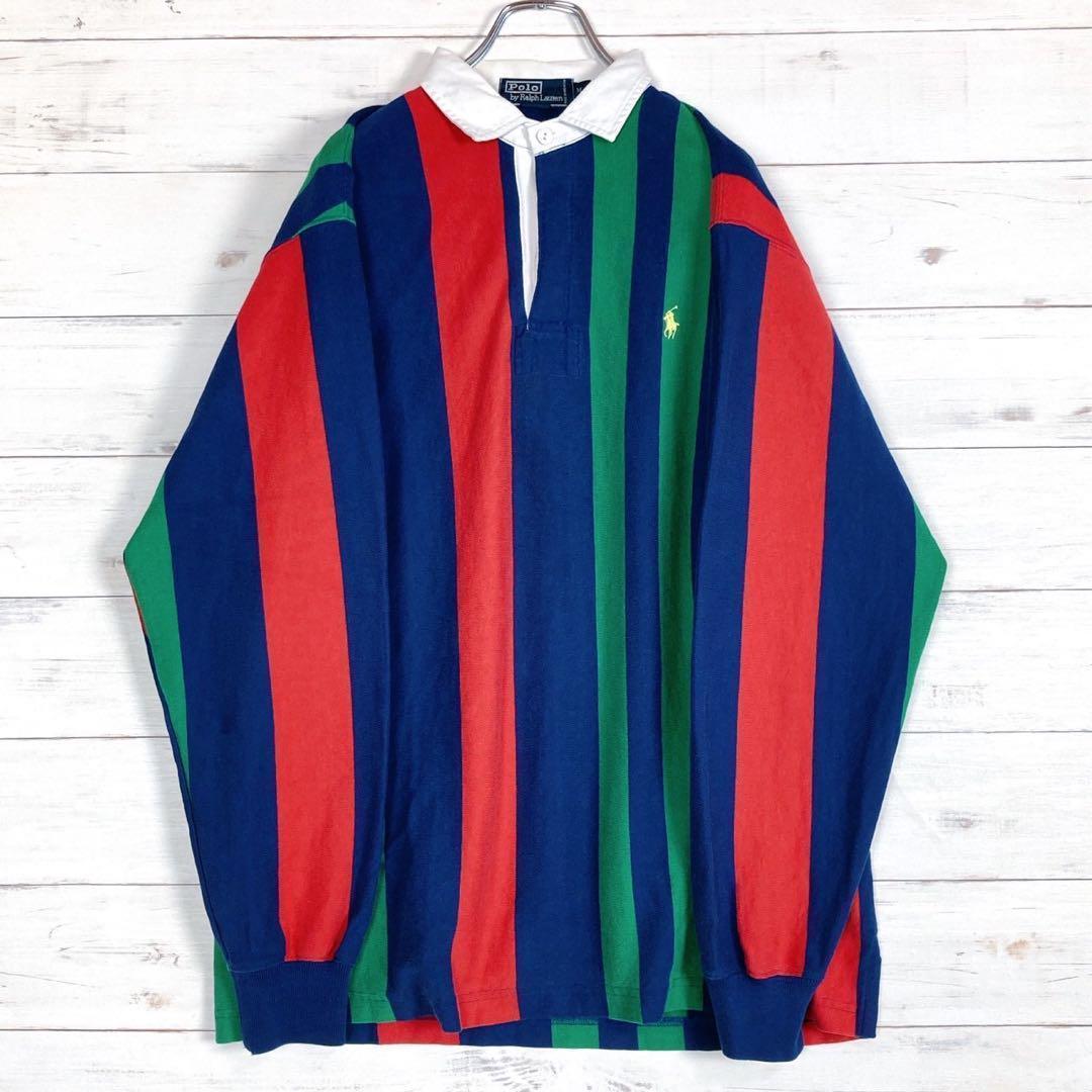 《美品》ポロバイラルフローレン☆M☆ラガーシャツ☆刺繍☆マルチストライプ☆M