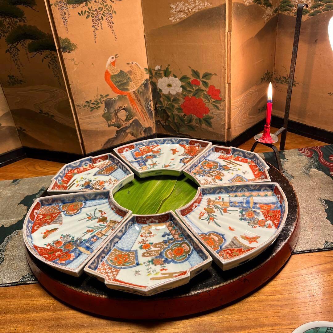 A831 古伊万里　極上　染錦手　菊に蝶　女郎花に蜂紋様　扇面皿　6枚揃え