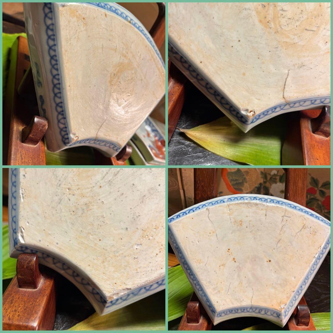 A831 古伊万里　極上　染錦手　菊に蝶　女郎花に蜂紋様　扇面皿　6枚揃え