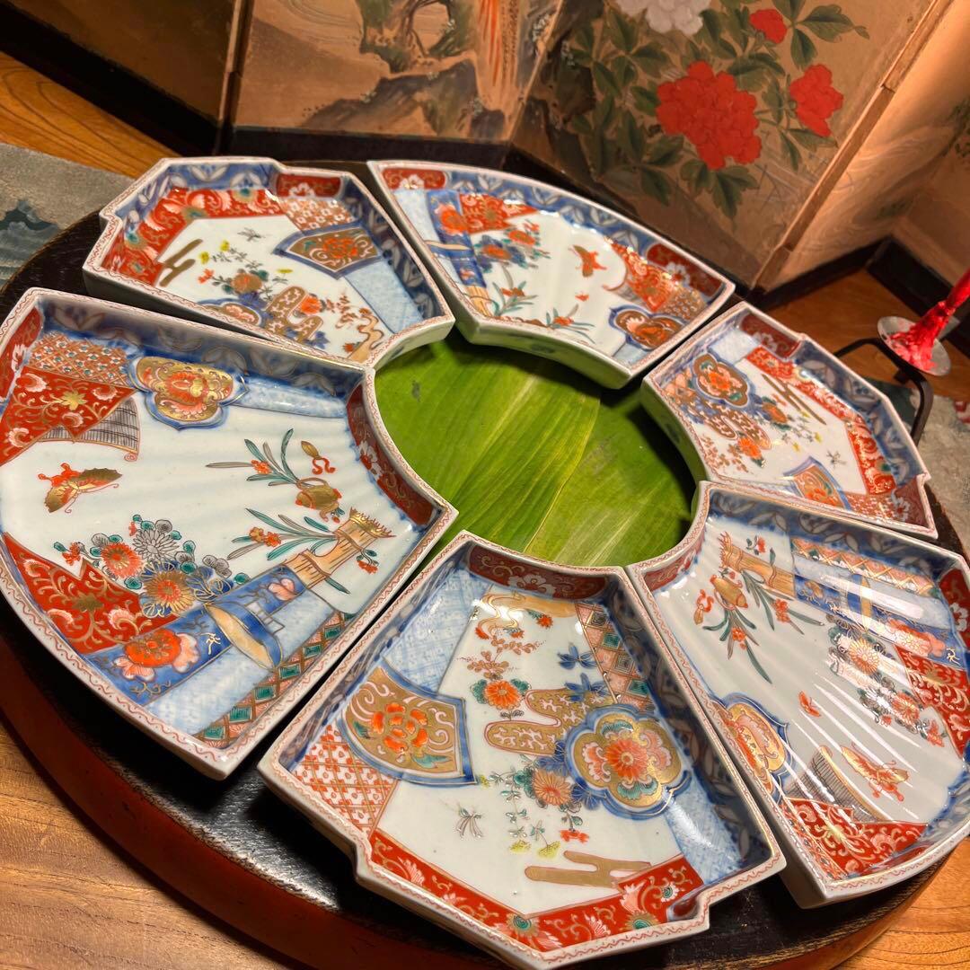 A831 古伊万里　極上　染錦手　菊に蝶　女郎花に蜂紋様　扇面皿　6枚揃え