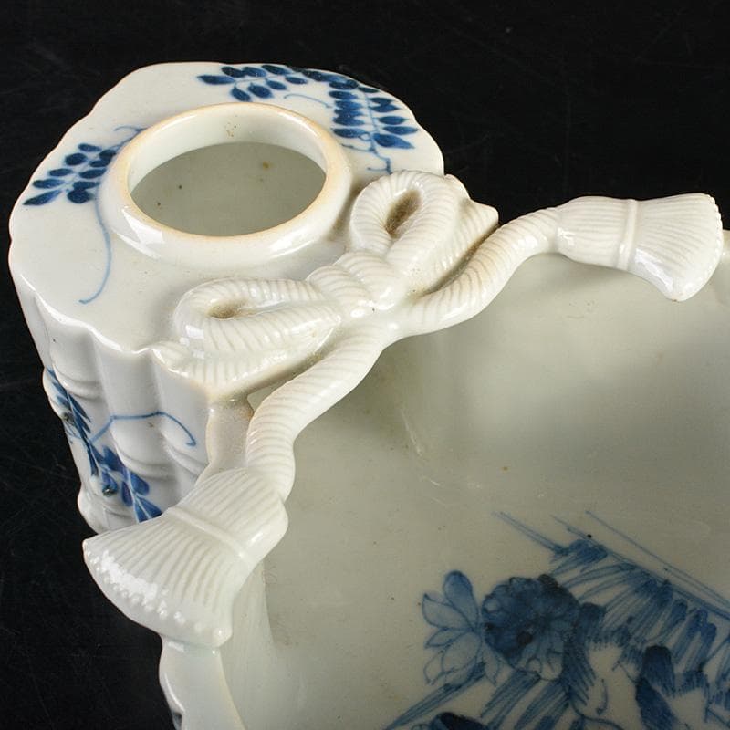 瀬戸焼　古瀬戸　書道具　染付　花鶴文　瓢箪形　筆洗　水盂　F　R7455