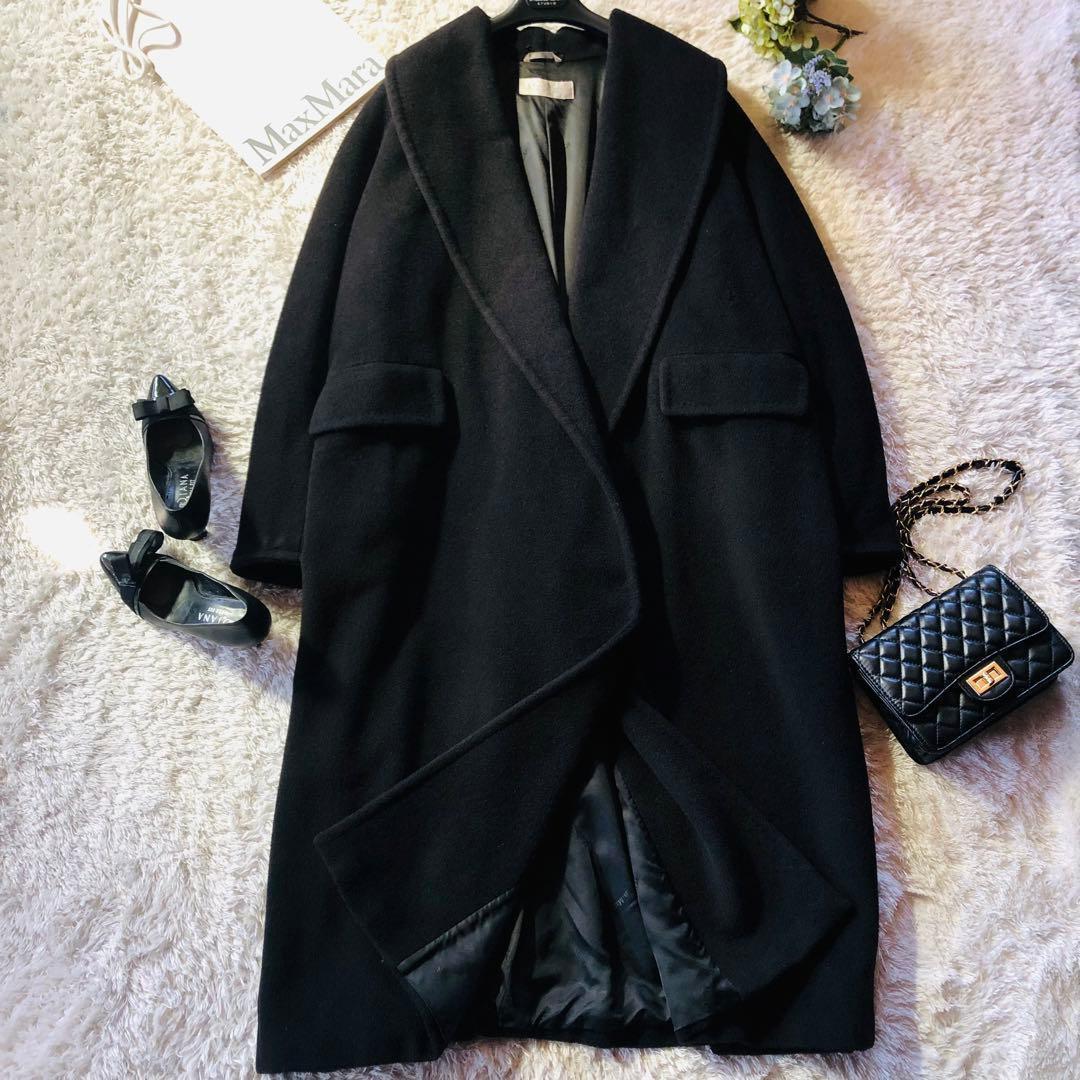 希少42大きめ✨マックスマーラ ガウンコート マキシ カシミヤ ビッグカラー 黒