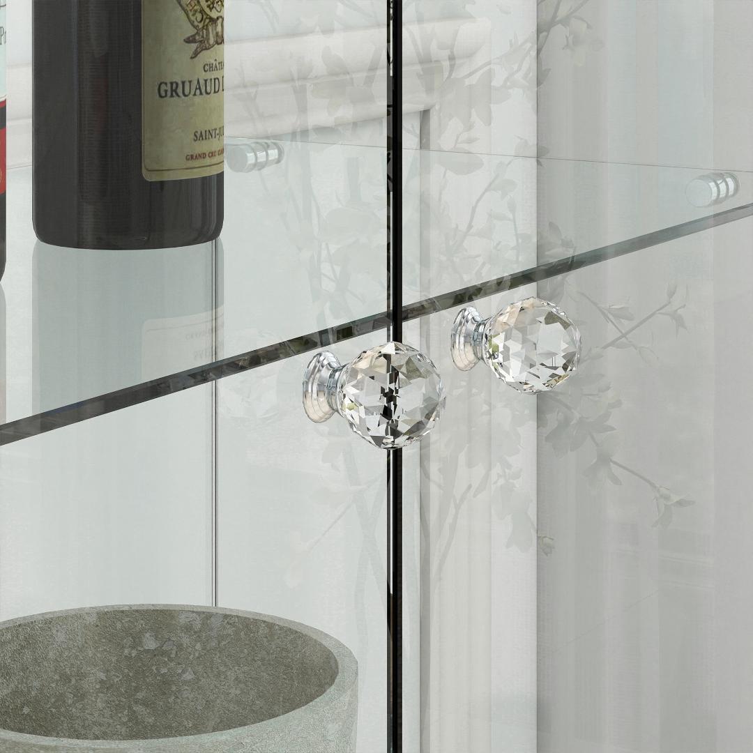 【ブラック】LED照明・引出し付 ガラス収納キャビネット4段 両開ドア