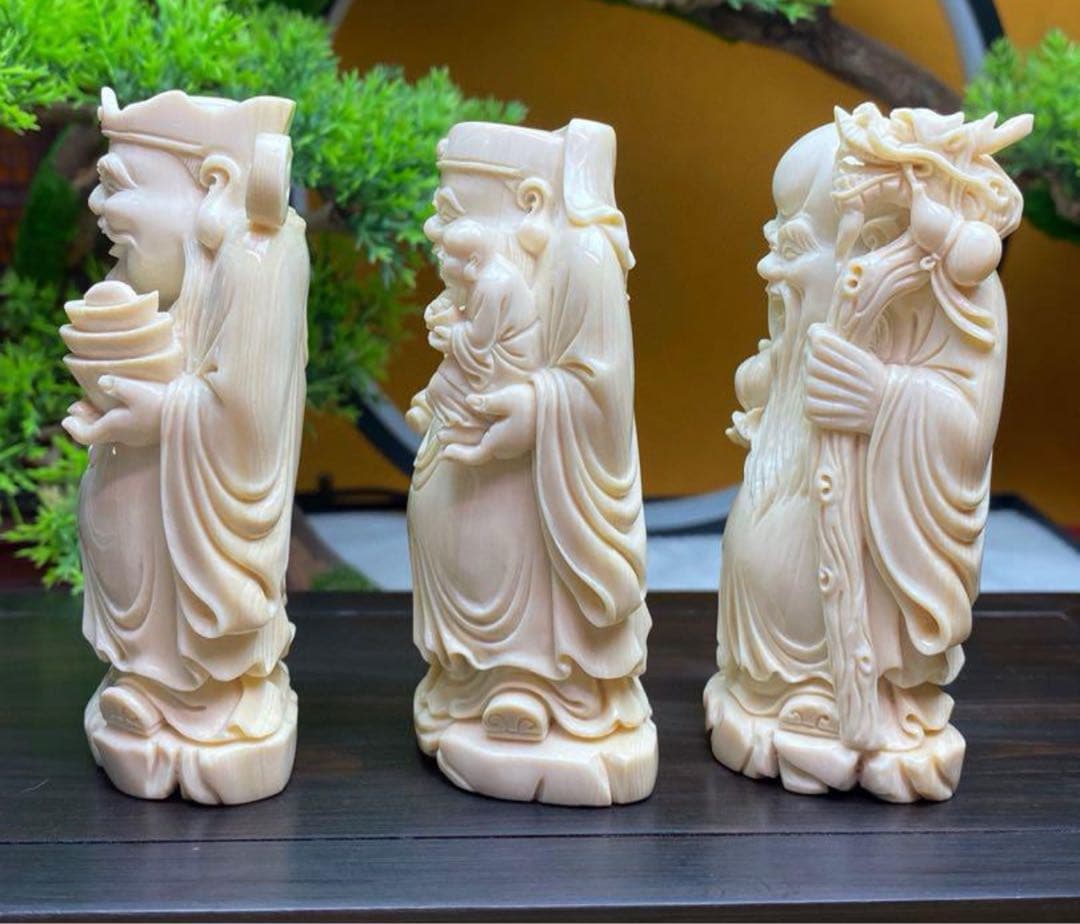 天然マンモス牙美しい手作り彫刻福禄寿 置物