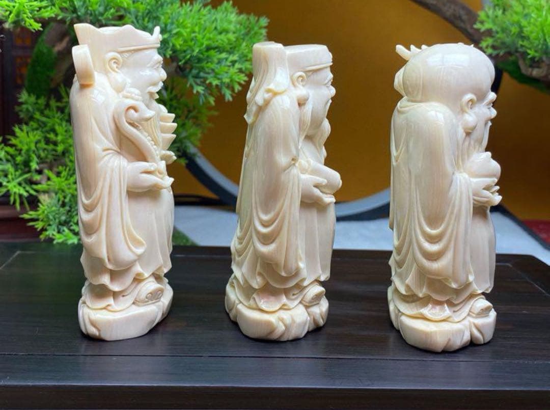 天然マンモス牙美しい手作り彫刻福禄寿 置物