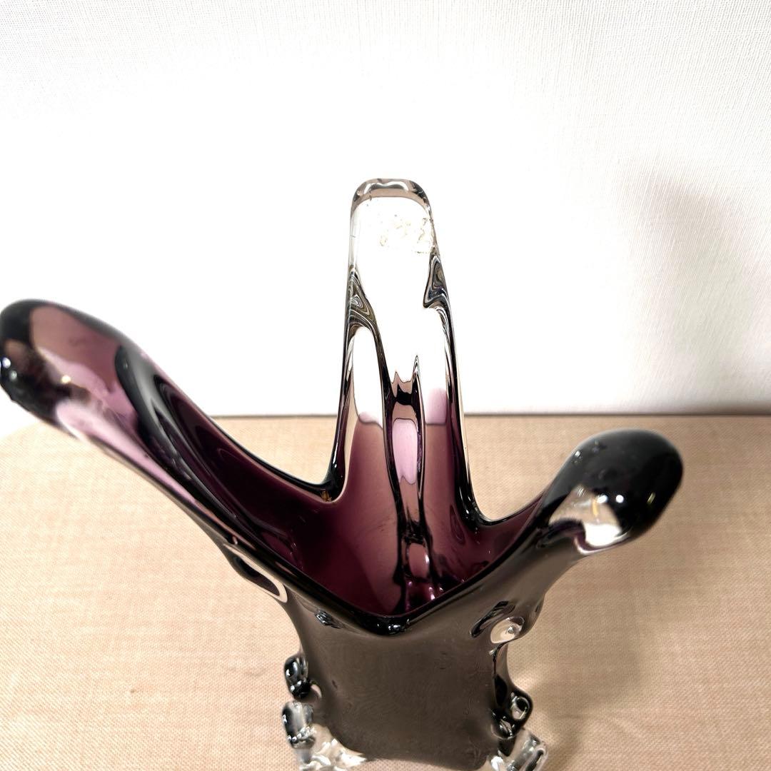 紫と透明のガラス花瓶 アートガラス