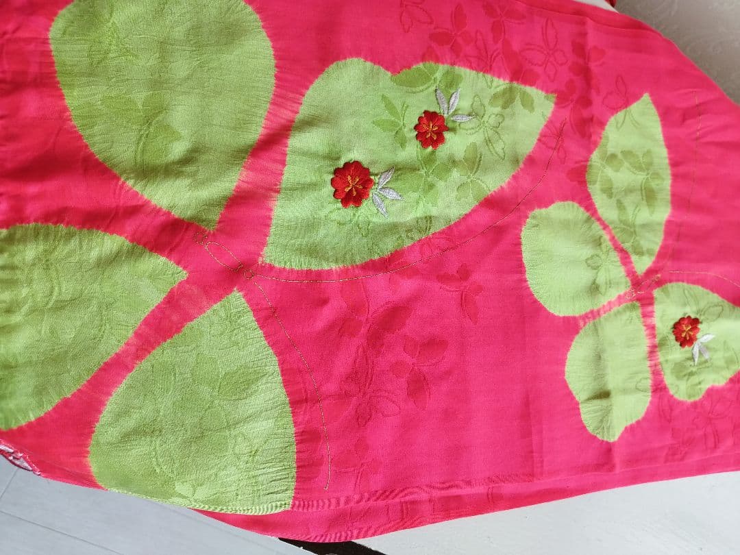 正絹☆誂え品☆濃い赤ピンクの着物と金の作り帯フルセット☆七五三７歳