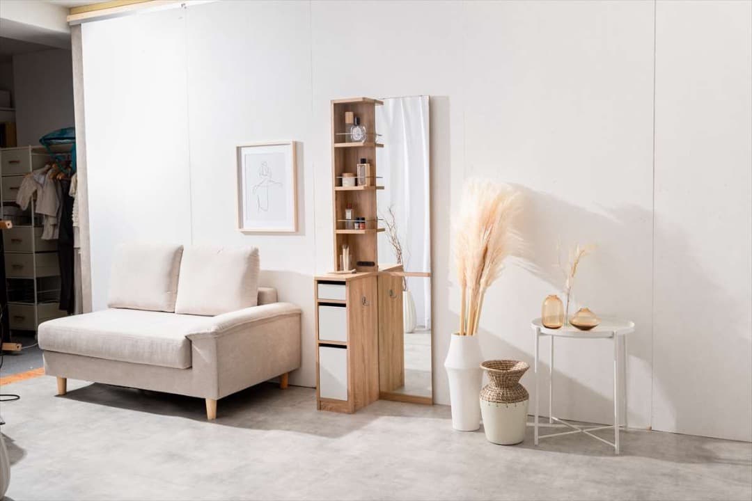 【送料無料】Elena 収納付全身姿見ドレッサー 鏡 コーナー コンセント付き