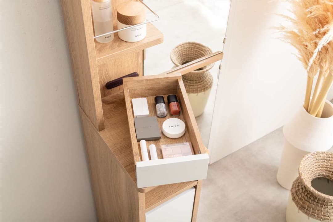 【送料無料】Elena 収納付全身姿見ドレッサー 鏡 コーナー コンセント付き